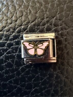 Pink Butterfly Italian Charm Link | Silver Tone | Enamel Butterfly Charm